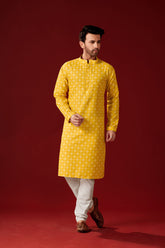 Ensemble pyjama Kurta en coton imprimé jaune pour homme